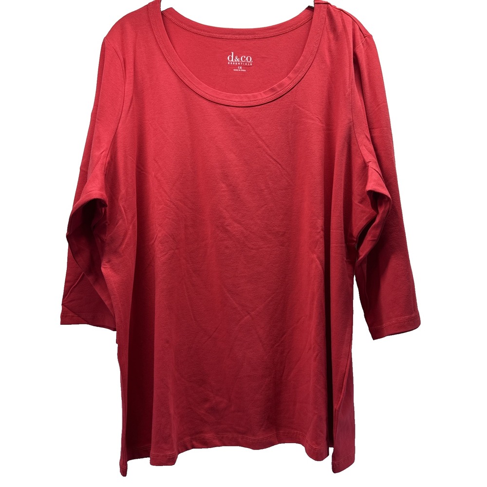 Denim & Co Women's Top Size 1X Plus Solid Red 3/4 Sleeve Cotton Blend Pullover